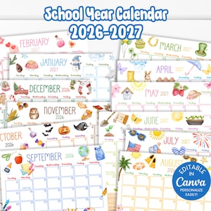 May include: A collection of school year calendars for 2026-2027, each featuring a different month with themed illustrations. The calendars are decorated with seasonal imagery, including snowflakes, pumpkins, and beach scenes. The text "School Year Calendar 2026-2027" is at the top.