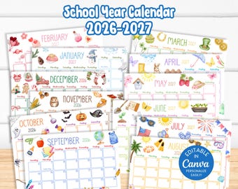 26-27 School Year Calendar, Printable Kid Monthly Planner, Teacher, Student, Homeschool, Editable Canva SY8