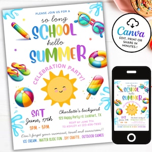 End of School Party Invitation,  So long School Hello Summer Invite, Schools Out Party Invite Ice Cream Water Slide Digital Invite Canva ES3