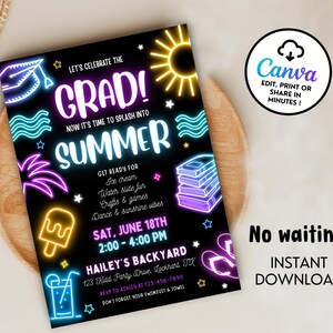Splash in Summer Grad-uitnodiging, neon Splash-feestje uitnodigen, Glow Graduation Party, bewerkbare zomer Grad Pool Party-uitnodiging Canva Digital ES9 afbeelding 2