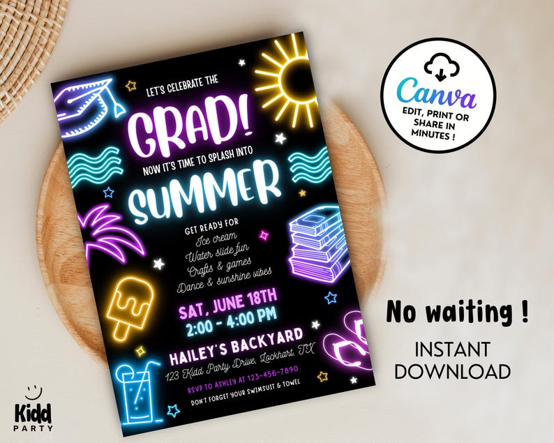 Splash in Summer Grad-uitnodiging, neon Splash-feestje uitnodigen, Glow Graduation Party, bewerkbare zomer Grad Pool Party-uitnodiging Canva Digital ES9 afbeelding 2