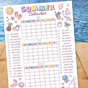 編集可能な2026年夏カレンダー、バケットリストポスター、アクティビティチェックリスト、印刷可能な大型カレンダー、Canva SC4
