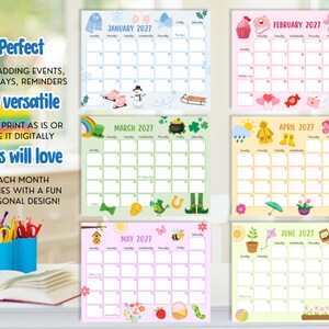 May include: A 2027 calendar with a variety of seasonal designs for each month. The calendar features illustrations of winter, Valentine's Day, St. Patrick's Day, spring, and summer themes. Text on the calendar includes the months and the phrase "Kids will love."