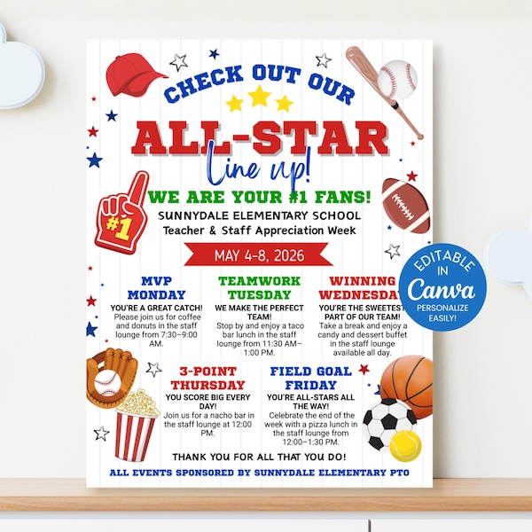 Sports All-Star Teacher Appreciation Week Itinerary Flyer, Teachers & Staff Event Poster, Canva Editable