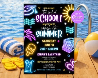 Fête de fin d'école avec glissade d'eau au bord de la piscine, Faire-part de remise des diplômes luminescents, Plongez dans l'été, Modifiable