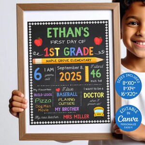 Chalkboard First Day of School Sign, Reusable Back to School Printable, Last Day of School Picture Prop, 1st Grade Sign, Editable Canva SS2