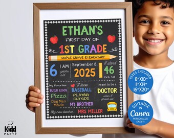May include: A framed chalkboard-style sign with the text "Ethan's First Day of 1st Grade." The sign includes the child's age, height (46 inches), and favorite things. The sign is held by a child.