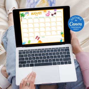 May include: A laptop displaying an August 2016 calendar with summer-themed graphics, including a palm tree, sunglasses, and a flamingo. The calendar is editable in Canva, as indicated by a blue circle with white text. The laptop is on a person's lap.