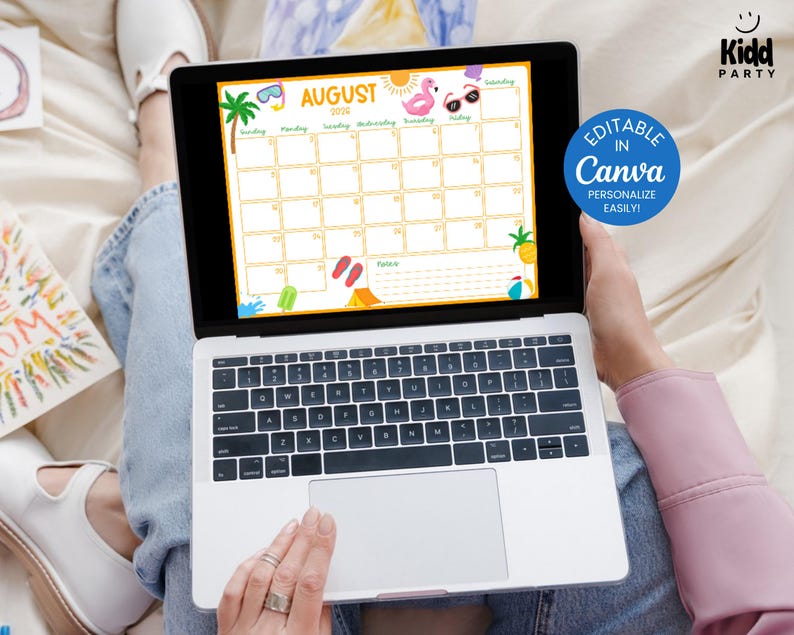 May include: A laptop displaying an August 2016 calendar with summer-themed graphics, including a palm tree, sunglasses, and a flamingo. The calendar is editable in Canva, as indicated by a blue circle with white text. The laptop is on a person's lap.