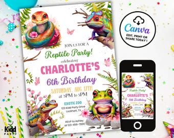 May include: A colorful invitation for a reptile themed birthday party. The invitation features a green chameleon, a snake, a lizard, and a frog. The text on the invitation reads "Join us for a Reptile Party! Celebrating Charlotte's 6th Birthday. Saturday, Aug 17th at 3PM to 5PM. Exotic Zoo 123 Kidd Party Drive Lockhart, TX. RSVP to Ashley at 123-456-7890."
