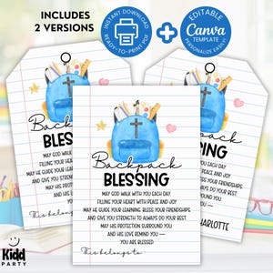 Backpack Blessing Tags, Preschool Backpack Tag, Back to School Gift Tag, First Day of School Prayer Tag, Prayer Card, Editable Canva PC1