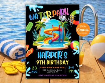 WaterPark Birthday Invitation, Waterslide, Summer Pool Party, Splash Park, Boy Girl, Editable Canva WP7