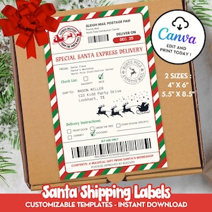 Puede incluir: Plantilla de etiqueta de envío de Papá Noel imprimible con rayas rojas y verdes, un sello de North Pole Express y una lista de verificación para niños buenos o malos. La etiqueta incluye una dirección de envío, instrucciones de envío y un número de seguimiento. El texto de la etiqueta dice "Special Santa Express Delivery" y "Santa Shipping Labels".