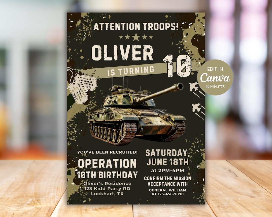 Military Birthday Invitation, Army Boy Camo Bday Theme, Soldier Party ...