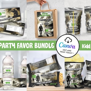 Etiquetas editables para regalos de cumpleaños, regalos militares imprimibles, regalos para niños, envoltorios de Rice Crisp de chocolate, bolsas de regalo con chips de botella AP10