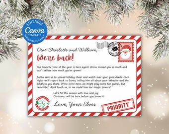 May include: A Christmas-themed postcard with a red and white striped border. The message "Dear Charlotte and William, We're back!" is written in a handwritten style. Includes a Santa stamp and a "Priority" stamp.