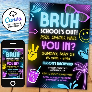 Neon Bruh School's Out einladen, Neon Bruh Einladung, Glow Pool-Party-Einladung, Junge Ende des Schuljahres Sommerparty Instant Download ES22