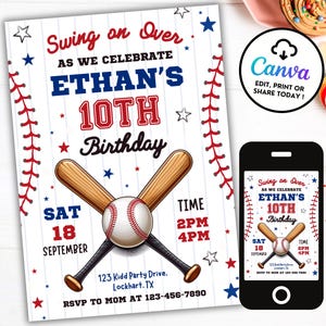 Baseball-Geburtstagseinladung, Sportfeier einladen, Baseball-Einladung, Swing On Over Bday, bearbeitbarer Jungen-Geburtstag, Rookie des Jahres SB6