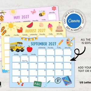 May include: Printable calendars for May, August, and September 2027, with illustrations. The calendars are US Letter size and feature editable text and the option to add images. The Canva logo is visible. The calendars are in a variety of colours.