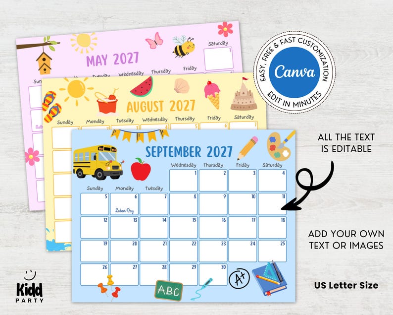 May include: Printable calendars for May, August, and September 2027, with illustrations. The calendars are US Letter size and feature editable text and the option to add images. The Canva logo is visible. The calendars are in a variety of colours.