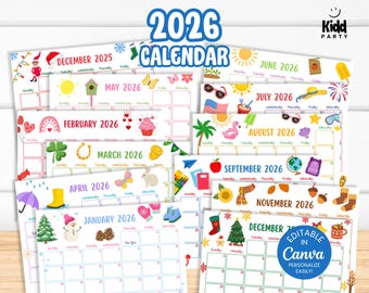 2026 Monthly Calendar Bundle, Printable Kid Planner, School Calendar, Editable Canva Instant Download SY1