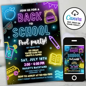 Puede incluir: Una vibrante invitación para una fiesta en la piscina de regreso a la escuela, con gráficos de estilo neón de una manzana, una mochila y útiles escolares. La invitación incluye detalles del evento como la fecha, la hora y el lugar, y un teléfono inteligente que muestra la invitación.