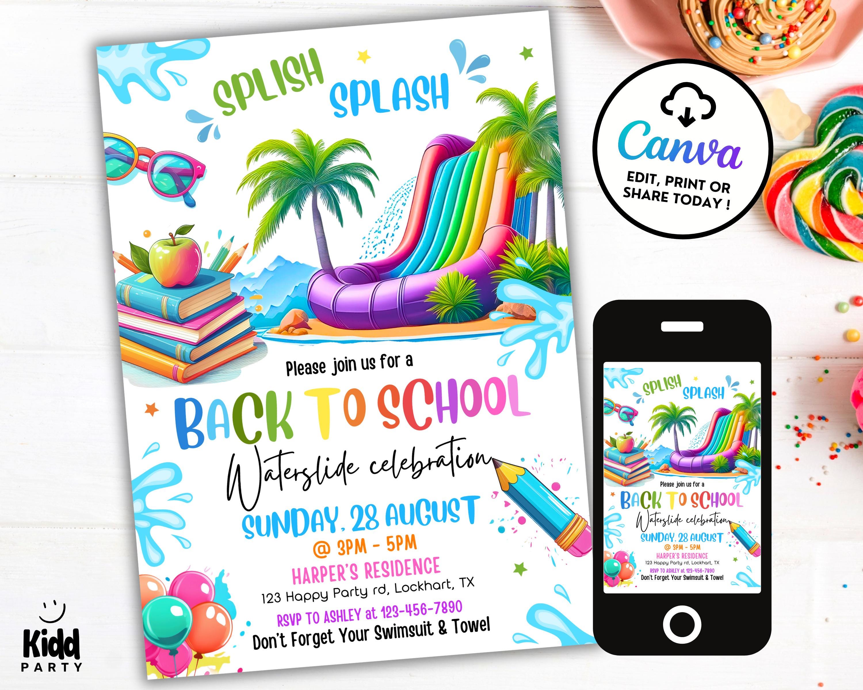 Editable Back to School Waterslide Invitation, Splish Splash Water Slide Party Evite, Back to School Bash, Girl Pool Party Invite, Canva BS5