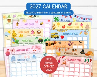 May include: A 2027 calendar set featuring twelve monthly pages with colorful seasonal illustrations and grid layouts. The top text reads 2027 CALENDAR READY-TO-PRINT PDF + EDITABLE IN CANVA, with a red circular badge stating FREE BONUS: OCT-DEC 2026.