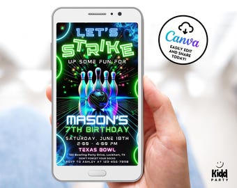 Bowling Birthday Evite, Glow Bowling Text Invitation, Neon Bowling Party, Boy Bowling Electronic Invite, Glow Mobile Invite, Digital BP1