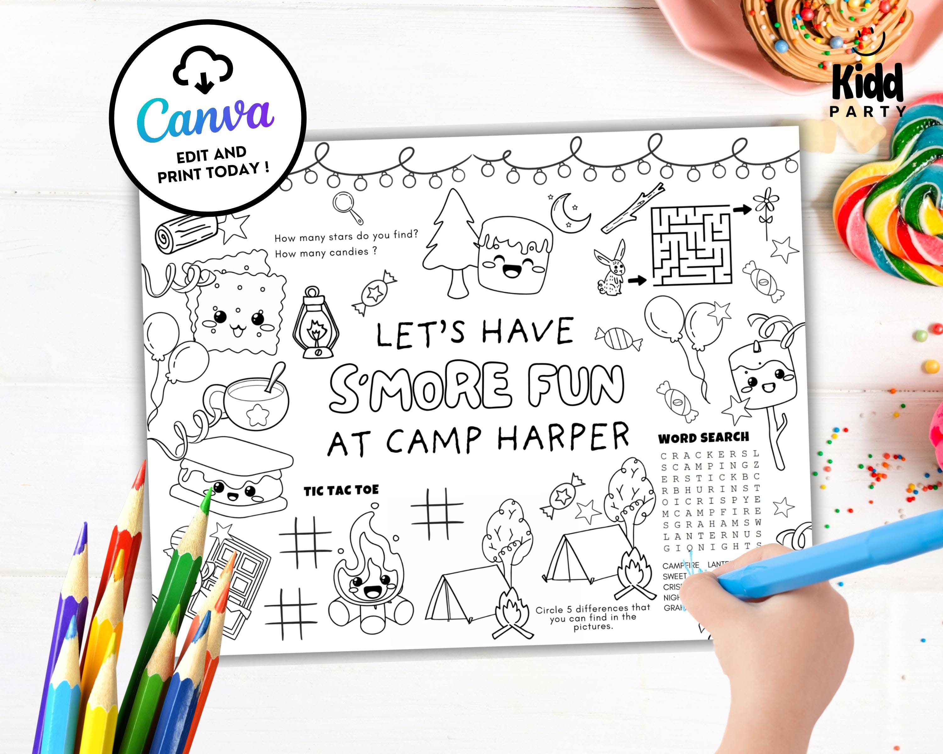 Editable S'more Birthday Activity Mat, Smores Fun Birthday Placemat, Camping Party Favors Kid Coloring Page Backyard Campfire Printable COS2