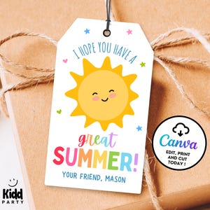 Editable Last Day of School Tag, Classroom Gift Tags Great Summer Gift Tags, Sun Party Favor Printable Label Canva Digital Download EST5