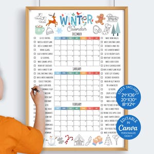 Printable 2026-2027 Winter Bucket List and Calendar Poster, Holiday Activities Checklist, Editable Canva WC4