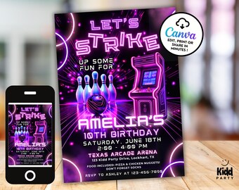 May include: A neon purple bowling-themed birthday invitation with the text "Let's Strike" and "Amelia's 10th Birthday". The design includes bowling pins, a bowling ball, and an arcade game graphic. A smartphone displays the same design.