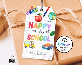 Etiqueta de Feliz Primer Día de Clases, Etiqueta de Regalo Imprimible para la Vuelta al Cole, Plantilla Editable de Canva