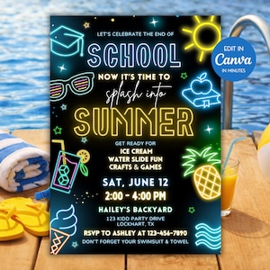 End of School Party Invitation, Glow in the Dark, Blue Grad Bash, Splash Into Summer, Editable Canva