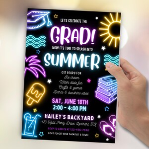 Splash in Summer Grad-uitnodiging, neon Splash-feestje uitnodigen, Glow Graduation Party, bewerkbare zomer Grad Pool Party-uitnodiging Canva Digital ES9 afbeelding 3