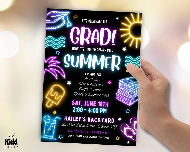 Splash in Summer Grad-uitnodiging, neon Splash-feestje uitnodigen, Glow Graduation Party, bewerkbare zomer Grad Pool Party-uitnodiging Canva Digital ES9 afbeelding 3
