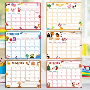 May include: A set of six colorful monthly calendars for July, August, September, October, November, and December 2026. Each calendar features themed illustrations and a notes section. The calendars are designed with a grid layout for easy date organization.