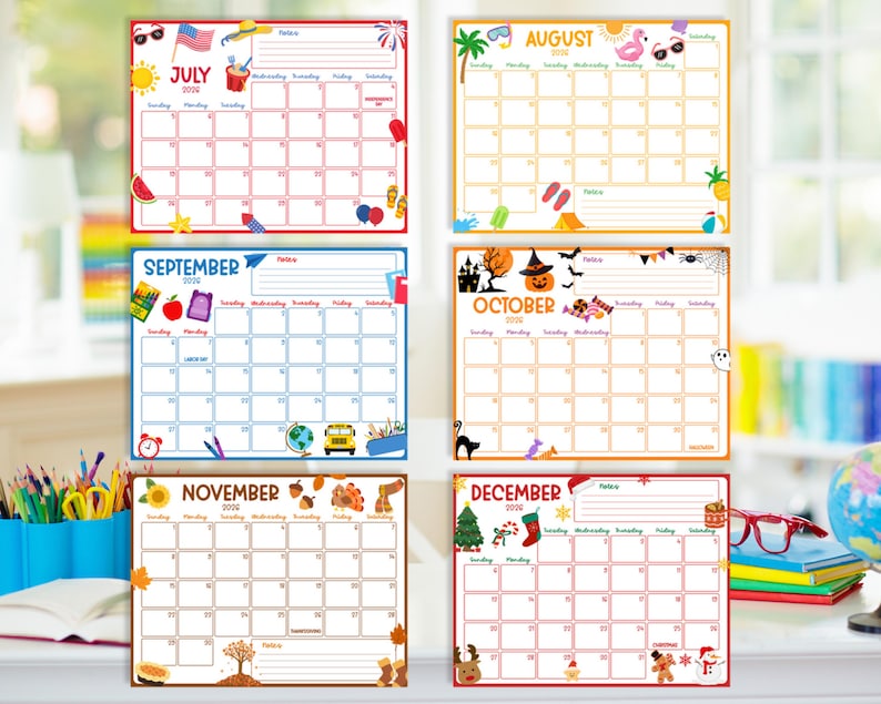 May include: A set of six colorful monthly calendars for July, August, September, October, November, and December 2026. Each calendar features themed illustrations and a notes section. The calendars are designed with a grid layout for easy date organization.