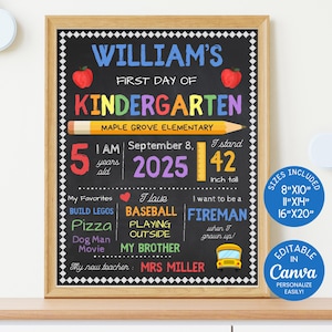 Chalkboard First Day of School Sign, Reusable Back to School Printable, Last Day of School Photo Prop, Kindergarten Sign, Editable Canva SS1