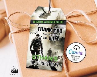 Editable Thank You Soldier Gift Tag, Army Birthday Favor Label, War Video Game Favor Tag, Military Party Favor Tag, Digital Download AP10