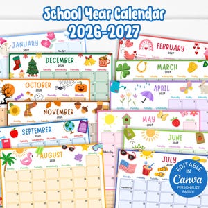 Op de afbeelding: Een verzameling kleurrijke schooljaarkalenders voor 2026-2027, elk met seizoensgebonden illustraties voor verschillende maanden. De kalenders zijn versierd met afbeeldingen van een sneeuwpop, pompoenen en een flamingo. De tekst "School Year Calendar 2026-2027" staat bovenaan.