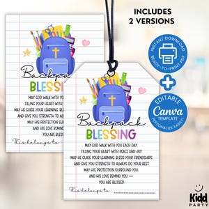 Printable Backpack Blessing Tags, First Day of School Prayer Tag, Back to School Blessing, First Day of School Gift Tag, Editable Canva PC2