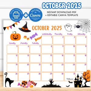 October 2025 Calendar, Printable Kids School Calendar, Editable October 2025 Planner Monthly Kids Schedule, Halloween, Editable Canva SY1