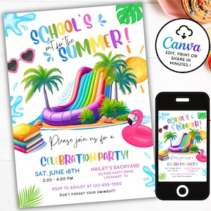 End of School Water Slide Party Invitation Schools Out Party Invite Goodbye school hello summer Girl Pool Party Canva Instant Download ES14