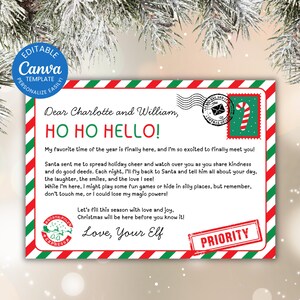 May include: A Christmas-themed postcard with a red, white, and green border. The text reads "HO HO HELLO!" and includes a message from an elf. Features a stamp with a candy cane and the word "PRIORITY".