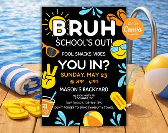 Invitation sortie de l'école Bruh, fête de fin d'année à la piscine entre garçons, soirée estivale, toile modifiable ES20