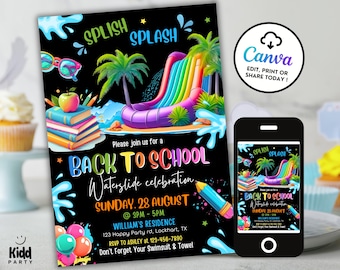 Editable Back to School Waterslide Invitation, Splish Splash Water Slide Party Invite, Back to School Bash, Kid Pool Party Evite, Canva BS7