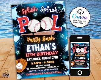 May include: A baseball-themed party invitation with the words "Splish Splash Pool" in red and blue. The invitation includes baseballs, a bat, and the text "Ethan's 12th Birthday". A smartphone displays the invitation.