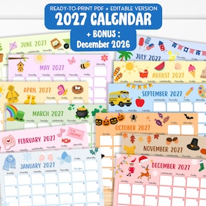 May include: A set of illustrated 2027 calendars, one for each month, with a bonus December 2026 calendar. Each calendar features a different theme, with the months of January to December displayed. The top banner reads "READY-TO-PRINT PDF + EDITABLE VERSION 2027 CALENDAR".